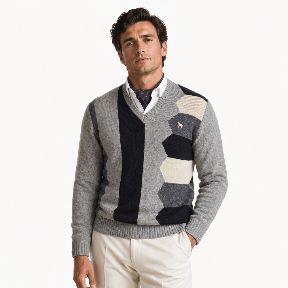 Vintage 90s Equestrian Sweater Made in Italy Mens L Wool Blend Colorblock Golf‎
